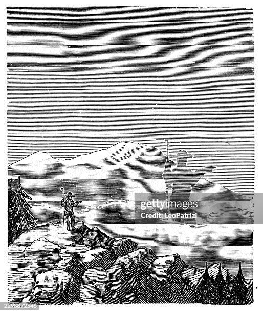 a solitary observer gazes at a colossal shadow on a misty mountain - epic forest stock illustrations