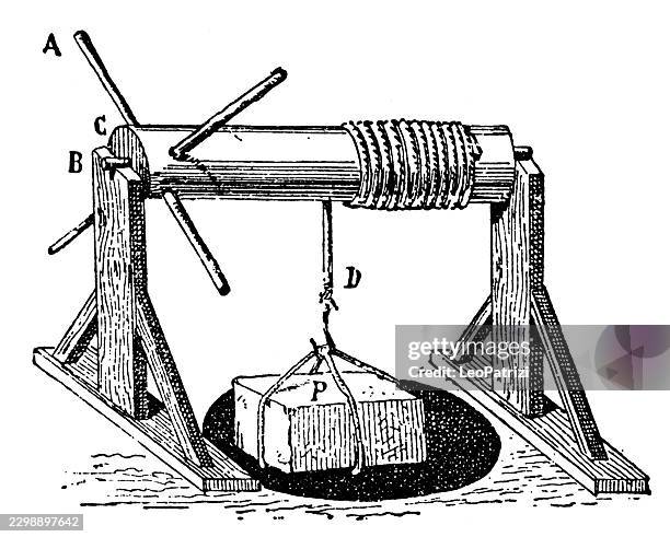 manual winch lifting heavy load with wooden frame - mechanical engineering stock illustrations