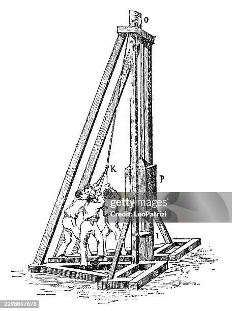 men operating a medieval siege engine to lift a stone - mechanical engineering stock illustrations