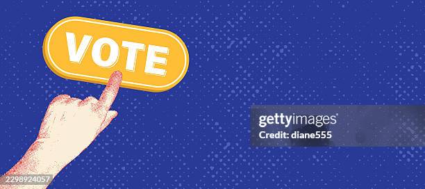 collage style vote poster with a halftone cut out hand pointing at a vote button - voting booth stock illustrations