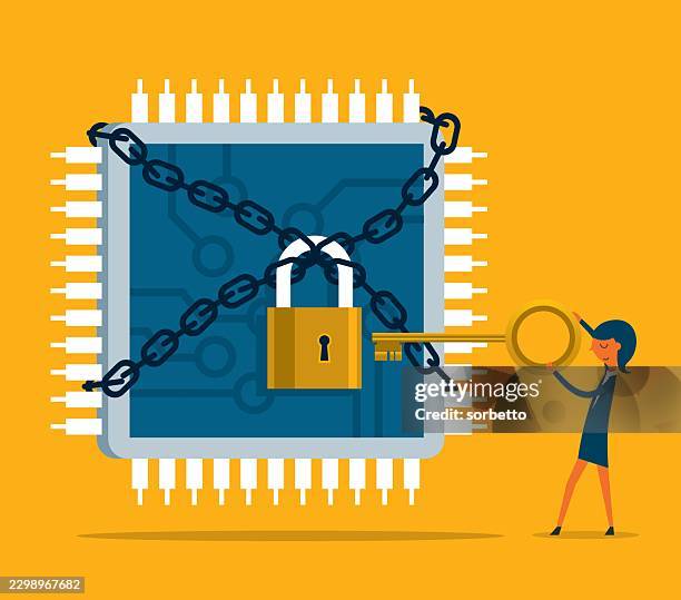 computer chip - unlocking - businesswoman - value chain vector stock illustrations