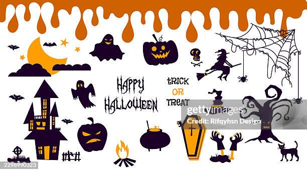 cute halloween sticker bundle vector on white abstract background with blood drip frame, flat design spooky cartoon ghost, pumpkin, witch, bat, skull, castle and tombstone clipart for element design - coffin stock illustrations