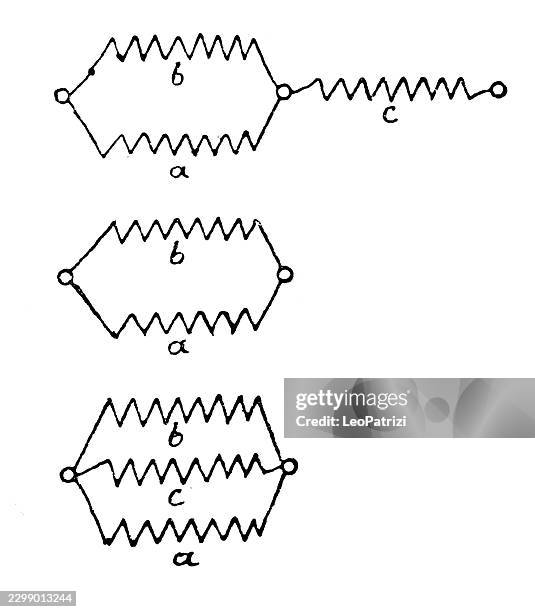 three electrical circuit configurations showing resistors in series and parallel - parallel circuit stock illustrations