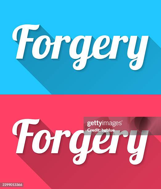 forgery - flat design with long shadow on blue and red background - counterfeit stock illustrations