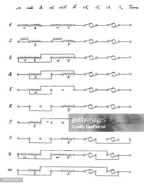 ten electrical circuit diagrams with technical notations - mechanical engineering stock illustrations
