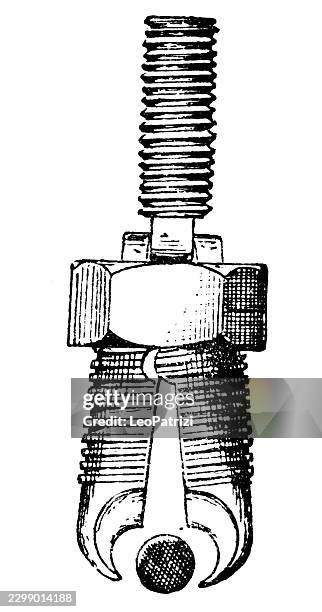 historical technical drawing of a metallic electrical connector with claw terminals - mechanical engineering stock illustrations