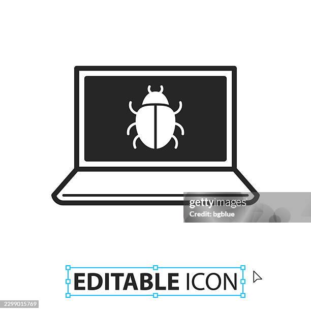 laptop with bug - editable icon on white background - ransomware security stock illustrations