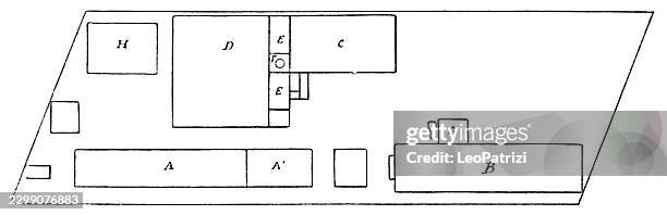 architectural floor plan of boston's west end company railway station - engine blueprint stock illustrations