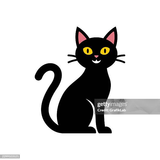 cute black cat with yellow eyes on white background - yellow eyes stock illustrations