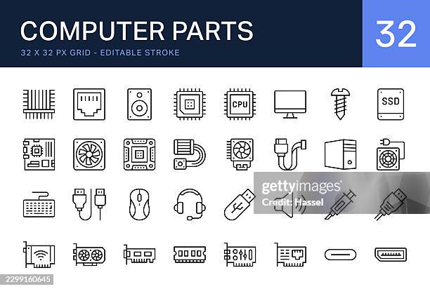 computer component and parts line icon set - external hard disk drive stock illustrations