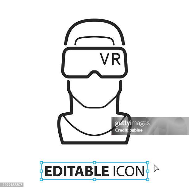 man with vr headset - virtual reality - line editable icon on white background - man using vr headset stock illustrations