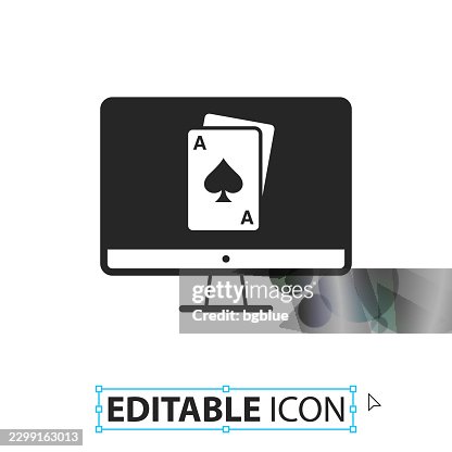 Desktop computer with playing card - Editable icon on white background Desktop computer with playing card - Editable icon on white background