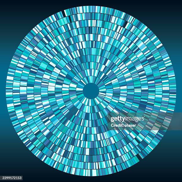 circular pattern composed of multiple blue and teal rectangular segments forming concentric rings with varying shades and brightness on a dark gradient background. - round table stock illustrations