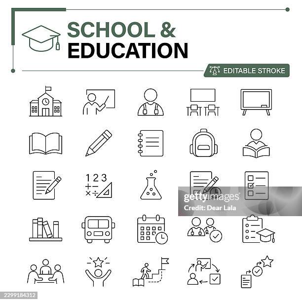 school & education editable stroke line icon set – classroom, learning, homework, exams and academic achievement - elementary school library stock illustrations