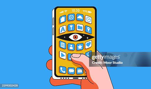 phone with a spying eye concept illustration - threat intelligence stock illustrations