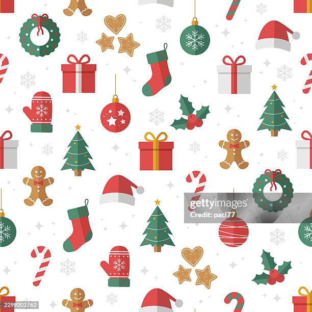seamless christmas pattern with flat festive icons on white background - cookie texture stock illustrations