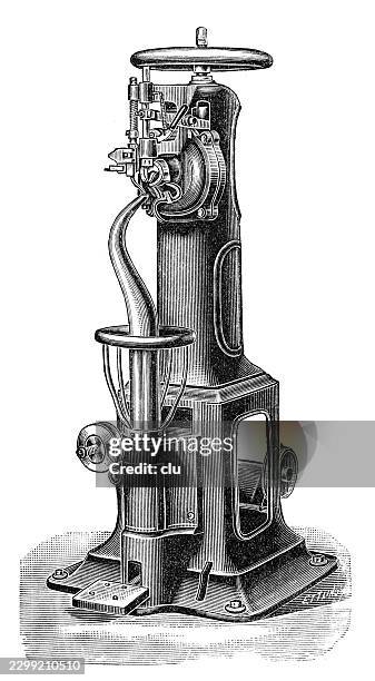 lockstitch sole sewing machine for mechanical shoemaking — tall industrial specialized sewing machine with vertical cast iron frame, upper handwheel, side drive wheels and curved sewing arm for securely stitching leather soles to shoe uppers - leather stitching stock illustrations