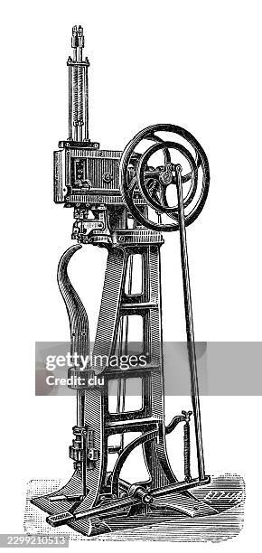 wooden peg fastening machine for shoemaking — tall industrial specialized machine with vertical cast iron frame, large side flywheel, belt drive, foot pedal and vertical pegging mechanism for attaching leather soles to shoes using wooden pegs - shoe maker tools stock illustrations