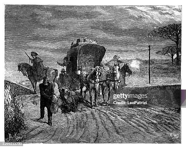 carabinieri and cavalry defend a mail coach against bandits - security settings stock illustrations