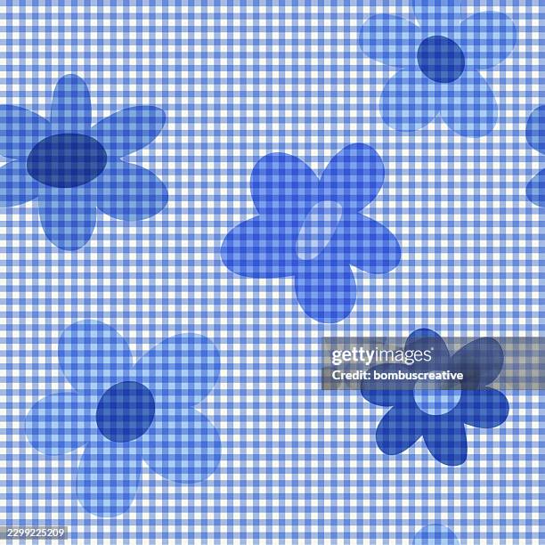 floral blue checkered pattern - colourful background studio stock illustrations
