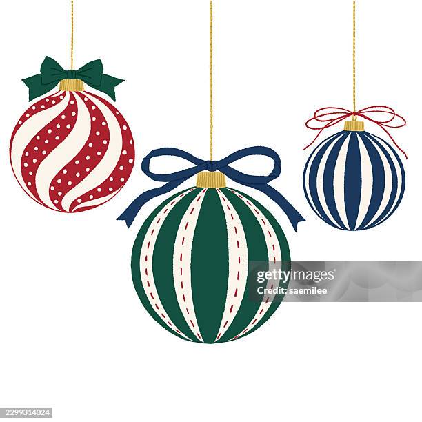 christmas ornaments set with three hanging baubles and bows - three empty frames stock illustrations