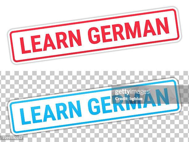 learn german - red and blue labels on blank background - learning german stock illustrations