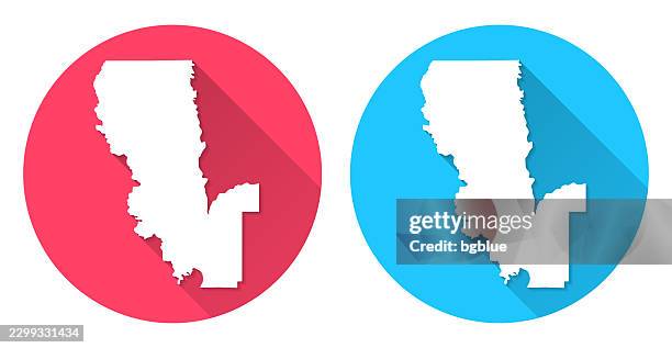 sutter county, california map. round icon with long shadow on red or blue background - sutter county stock illustrations