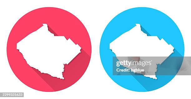 bibb county, georgia map. round icon with long shadow on red or blue background - limestone lettuce stock illustrations