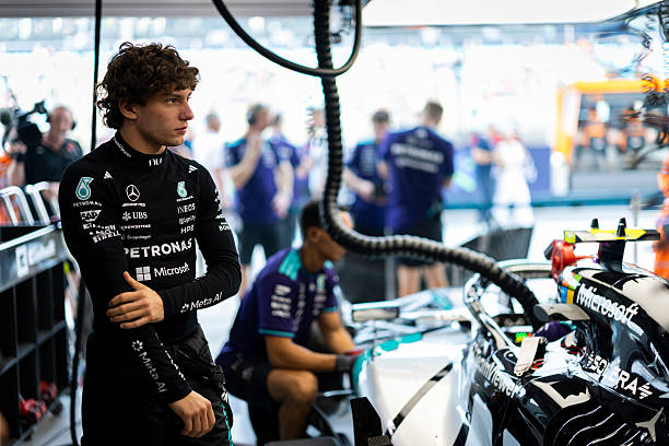 Andrea Kimi Antonelli of Italy and Mercedes AMG Petronas F1 Team prepares to drive in the garage during practice ahead of the F1 Grand Prix of...