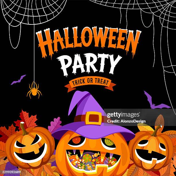 halloween party vector poster with witch hat pumpkin sweets candy and spider web - pumpkin spice stock illustrations