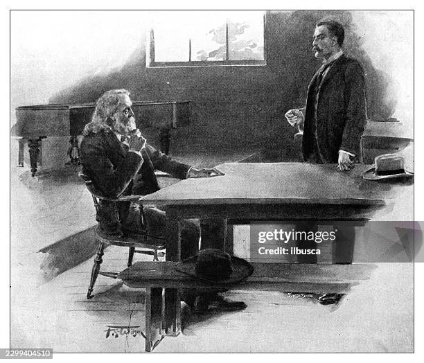 interior scene with two men at table - indoor dining table stock illustrations