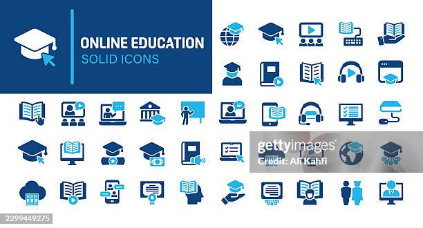 online education glyph solid icons. containing e-learning, school, education solid icons collection. vector illustration. perfect pixel on clean white background - students learning computer programming stock illustrations