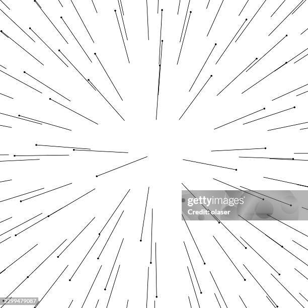 black lines with small dots radiate outward from a bright white center on a plain white background, creating a dynamic starburst pattern with a minimal, airy feel. - bullet train stock illustrations