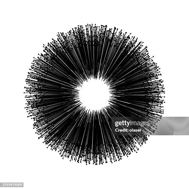 a black circular burst of dense radial lines surrounds a bright white center on a plain white background, creating a stark, symmetrical ring-like form. - tree ring stock illustrations