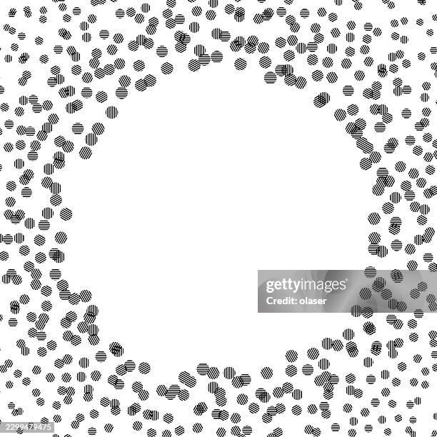 black striped dots frame a large blank white center, creating a circular border pattern on a clean white background with scattered decorative texture. - confetti border stock illustrations