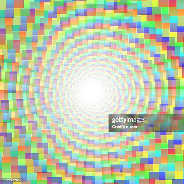 colorful concentric mosaic pattern radiates around a bright white center, with small square tiles in rainbow hues creating a luminous circular burst. - bright future stock illustrations