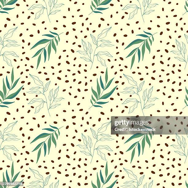 seamless botanical pattern with green leaves and brown dots - wallpapering decorating stock illustrations