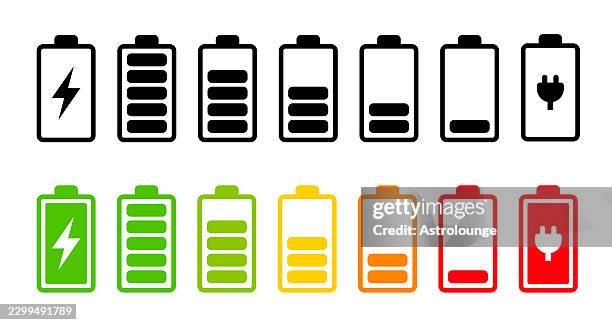 battery level indicator set - battery status, charging and power icons - progress bar stock illustrations