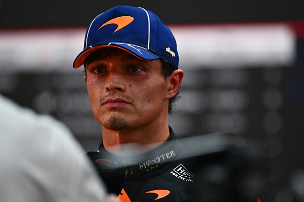 Lando Norris of Great Britain and McLaren talks to the media during the Sprint ahead of the F1 Grand Prix of Singapore at Marina Bay Street Circuit...
