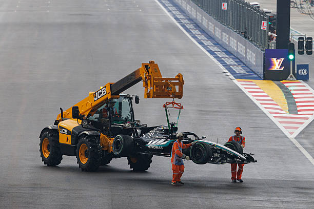 George Russell of Great Britain driving the Mercedes W17 on track crashes on the start/finish straight during the Sprint ahead of the F1 Grand Prix...