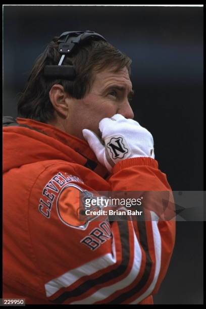 Head coach Bill Belichick of the Cleveland Browns on the sideline during the Browns 31-20 loss to the Green Bay Packers at Cleveland Stadium in...