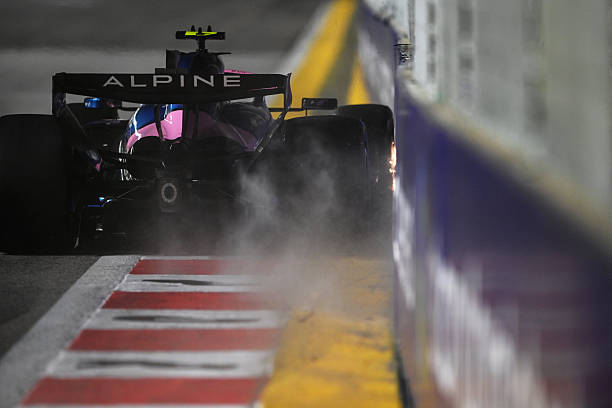 Franco Colapinto of Argentina driving the Alpine F1 A526 Mercedes scrapes the barrier on track during qualifying ahead of the F1 Grand Prix of...