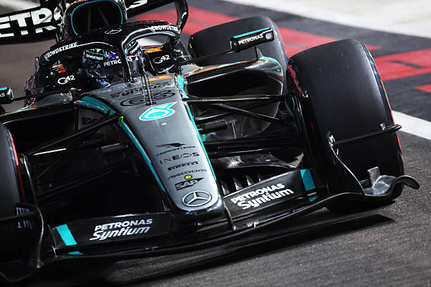 George Russell of Great Britain driving the Mercedes AMG Petronas F1 Team W17 in the Pitlane during qualifying ahead of the F1 Grand Prix of...