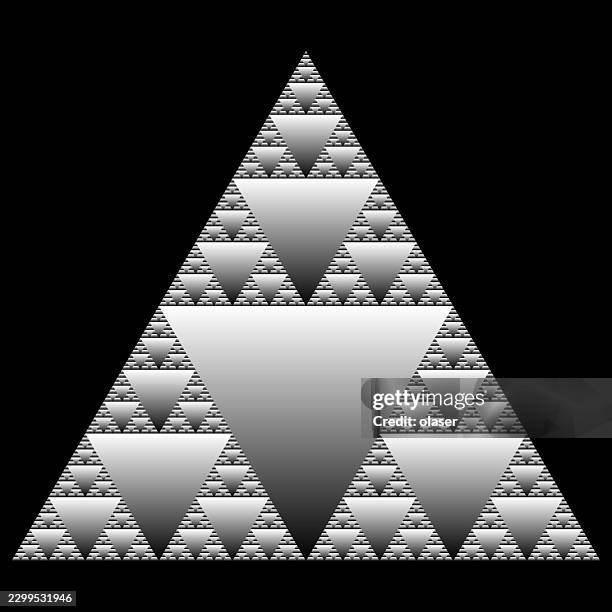 a black background features a large silver triangular fractal made of repeating nested triangles with metallic shading and crisp geometric symmetry. - fibonacci stock illustrations