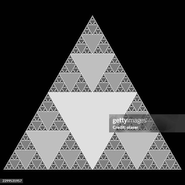 a black background frames a large white triangular fractal pattern made of repeating smaller triangles, creating a geometric, symmetrical design with sharp contrast and intricate detail. - fibonacci stock illustrations