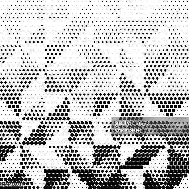 black square dots form a dense wave-like pattern across a white background, creating a fragmented geometric texture with strong contrast and diagonal movement. - dance rhythm stock illustrations