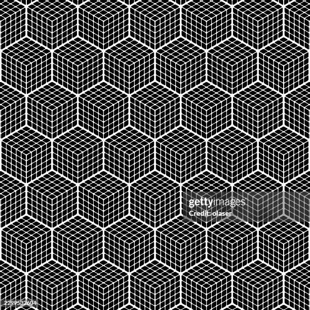 black background with a repeating white wireframe cube pattern forming a geometric tessellation. the composition creates a strong optical illusion of depth and rhythm. - white cube stock illustrations