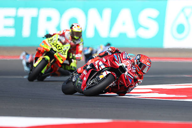 Marc Marquez of Spain and Ducati Lenovo Team leads during the Grand Prix MotoGP of Indonesia at Pertamina Mandalika Circuit on October 11, 2026 in...