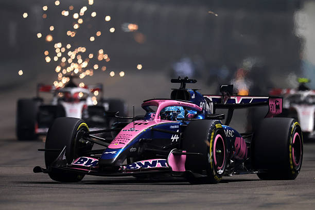 Pierre Gasly of France driving the Alpine F1 A526 Mercedes on track during the F1 Grand Prix of Singapore at Marina Bay Street Circuit on October 11,...