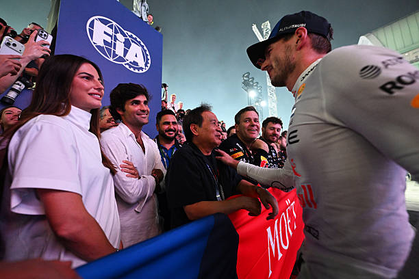 Race winner Max Verstappen of the Netherlands and Oracle Red Bull Racing and Kelly Piquet celebrate in parc ferme during the F1 Grand Prix of...
